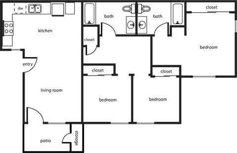 Floor plan for 3 beds, 2 baths, 1071 sqft